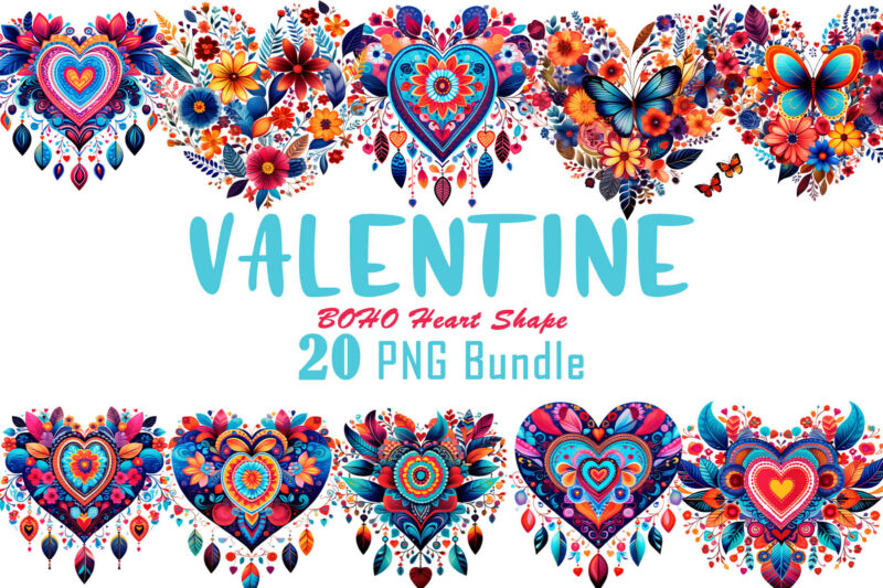 Valentines Day Art Boho Heart Illustration T-shirt Clipart Bundle