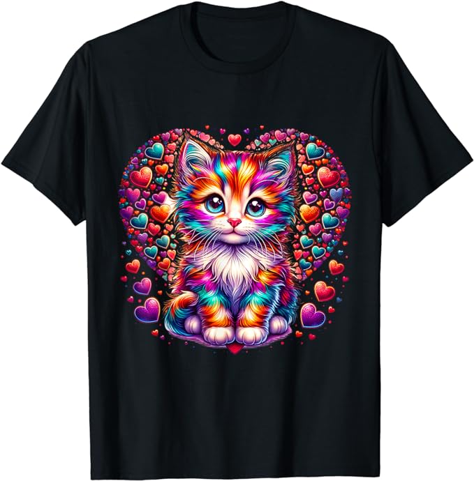 Cute Multicolor Cat Heart Valentines Day for Kitties Lovers T-Shirt