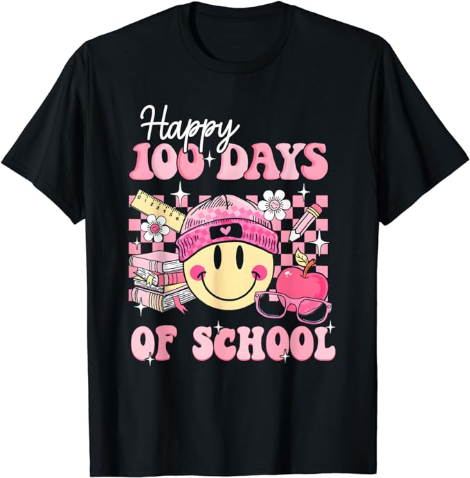 Happy 100 Days Of School Teacher Kids Retro Groovy 100th Day T-Shirt