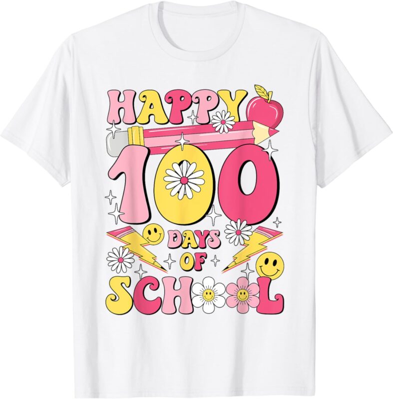 Happy 100th Day Of School Teacher Kids Retro Groovy 100 Days T-Shirt