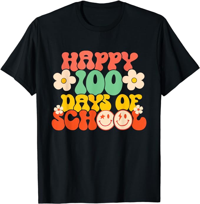 Happy 100th Day Of School Teacher Kids Retro Groovy 100 Days T-Shirt