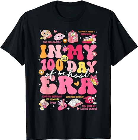 In My 100 Days Of School Era Groovy Retro Student Teacher T-Shirt