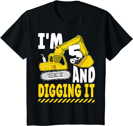 Kids funny five 5yr 5th birthday excavator boy 5 years old t-shirt