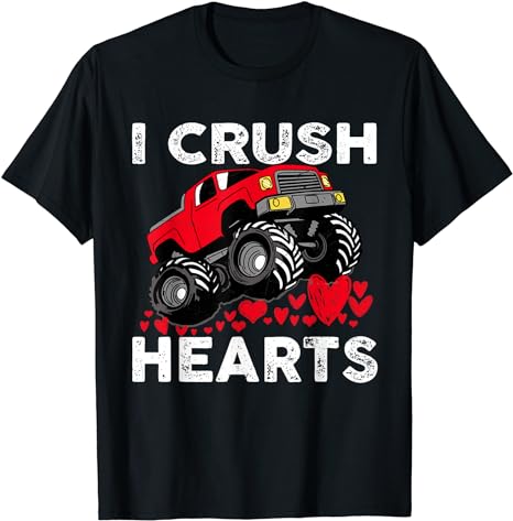 Kids Valentines Monster Truck Boys Toddler I Crush Hearts T-Shirt