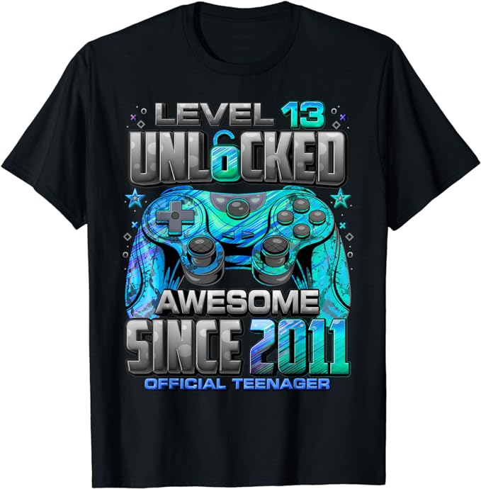 Level 13 Unlocked Awesome Since 2011 13th Birthday Gaming T-Shirt 1