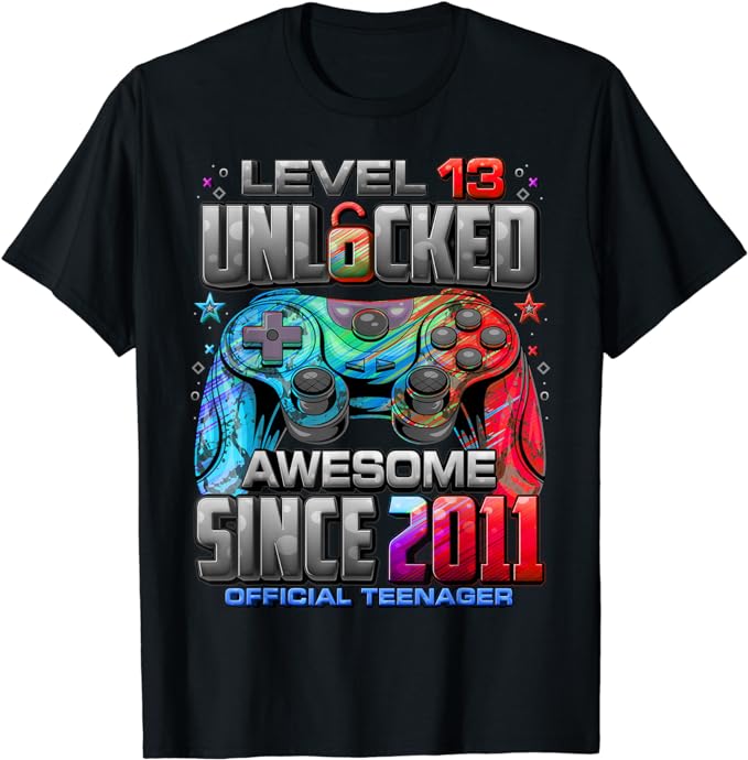 Level 13 Unlocked Awesome Since 2011 13th Birthday Gaming T-Shirt