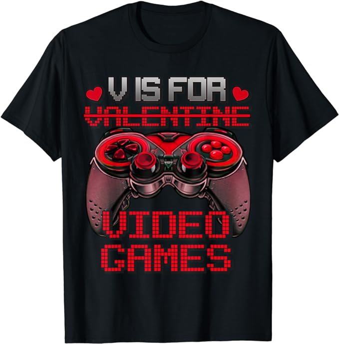 V Is For Video Games Controller Valentines Day Boys Mens T-Shirt