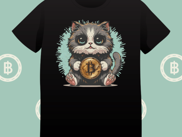 Cute cat holding bitcoin, graphic, t-shirt design, crypto, t-shirt, cat t-shirt, instant download, unique cat illustration