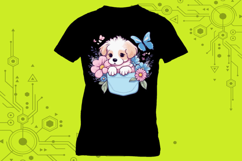 Baby Dog in pocket Illustration T-Shirt Design Perfection Lover Dog Clipart for Print on Demand websites