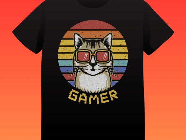 Gamer cat, vintage, retro design, sunset, typography, t-shirt design, old gaming t-shirt design, cat gaming