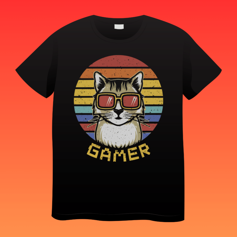 Gamer cat, vintage, retro design, sunset, typography, t-shirt design, old gaming t-shirt design, cat gaming