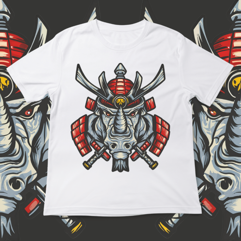 Samurai Rhino, t-shirt design, template, instant download, Rhino in samurai attire, graphic t-shirt design