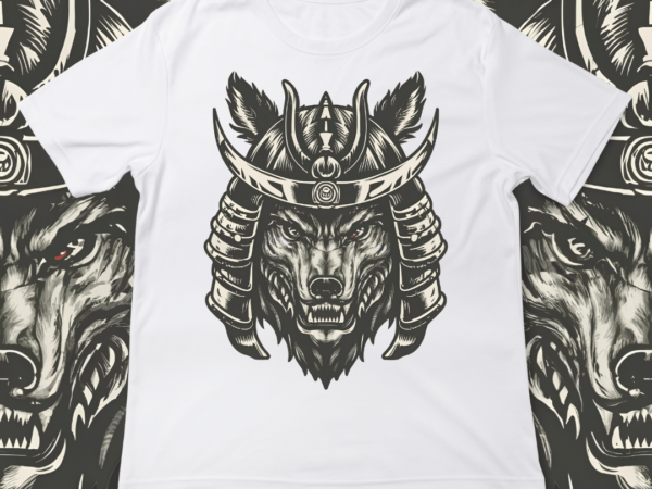 Samurai wolf, t-shirt design, template, instant download, wolf in samurai attire, graphic t-shirt design