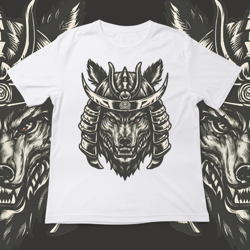 Samurai Wolf, t-shirt design, template, instant download, Wolf in samurai attire, graphic t-shirt design