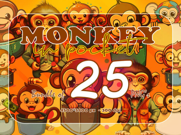 Monkey in pocket illustration 25 clipart bundle t shirt designs for sale