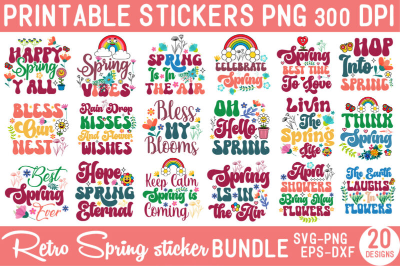 Retro Spring SVG Sticker Bundle,Spring DIGITAL STICKERS for digital,Spring SVG Bundle, Spring Shirt Svg for Cricut, Flower Market Svg, Hello