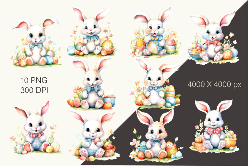 Cute Easter Bunny 01. Watercolor, PNG.