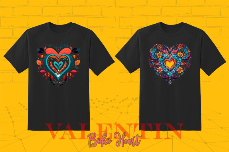 Valentines Day Art Boho Heart Illustration T-shirt Clipart Bundle V.2