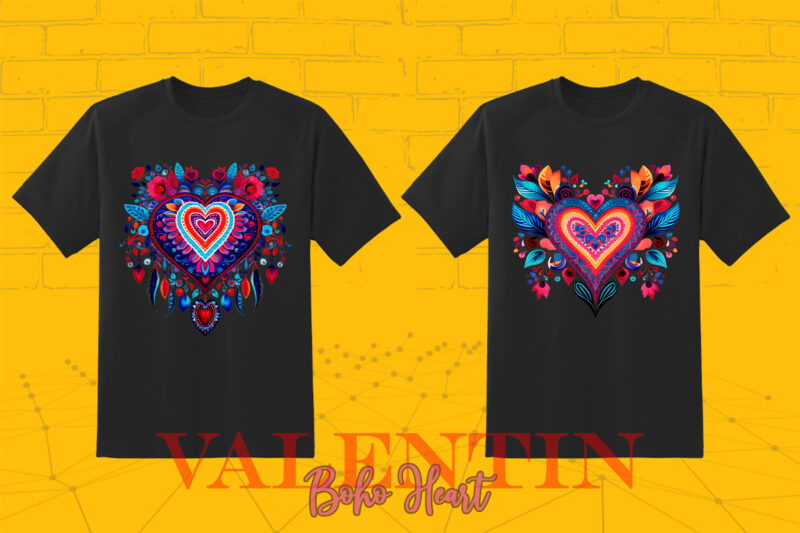 Vintage Boho Heart Illustration T-shirt Clipart Bundle