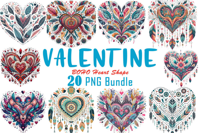 Vintage Boho Heart Illustration T-shirt Clipart Bundle