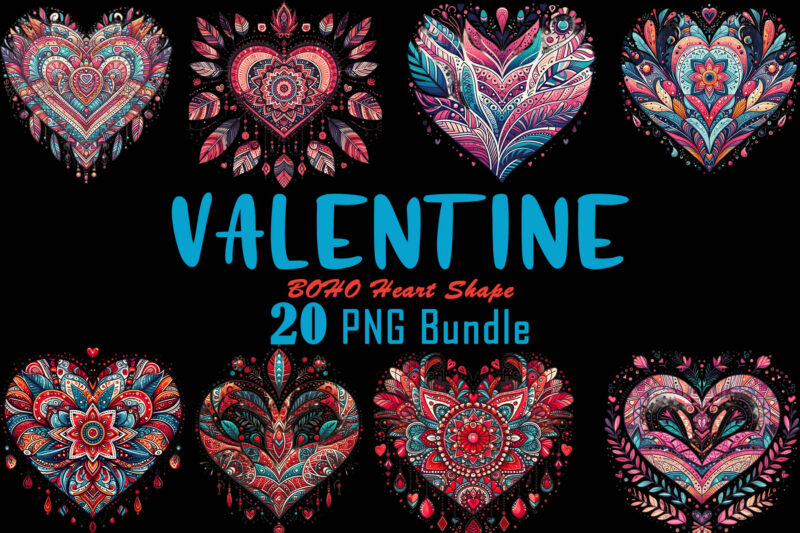 Flourish Boho Heart Illustration T-shirt Clipart Bundle