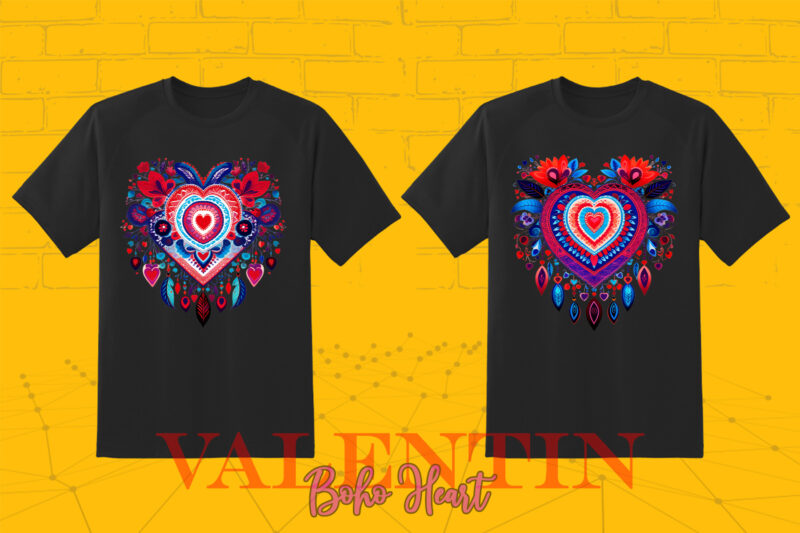 Vintage Boho Heart Illustration T-shirt Clipart Bundle