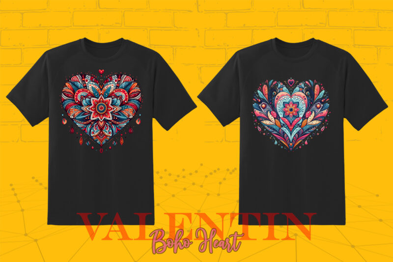 Flourish Boho Heart Illustration T-shirt Clipart Bundle