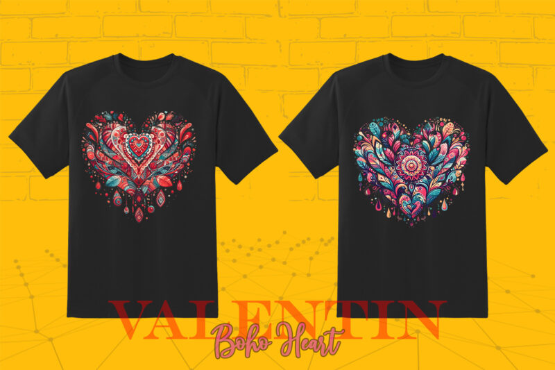 Vintage Boho Heart Illustration T-shirt Clipart Bundle