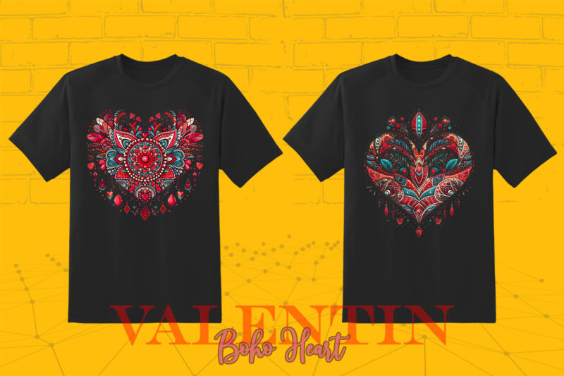 Vintage Boho Heart Illustration T-shirt Clipart Bundle