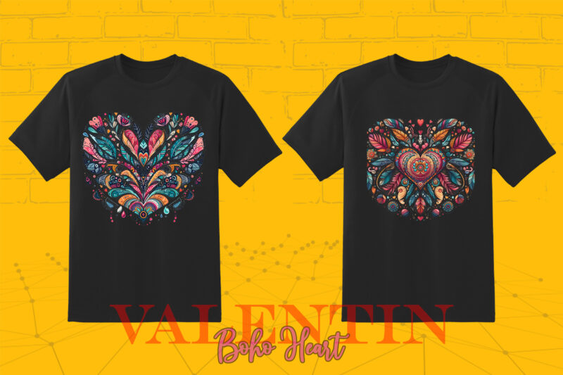 Vintage Boho Heart Illustration T-shirt Clipart Bundle