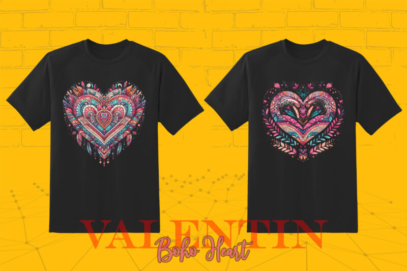 Vintage Boho Heart Illustration T-shirt Clipart Bundle