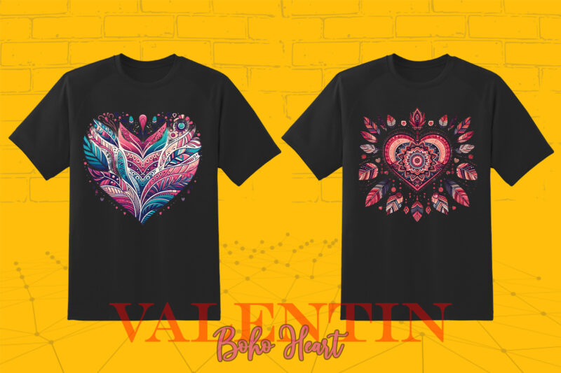 Vintage Boho Heart Illustration T-shirt Clipart Bundle