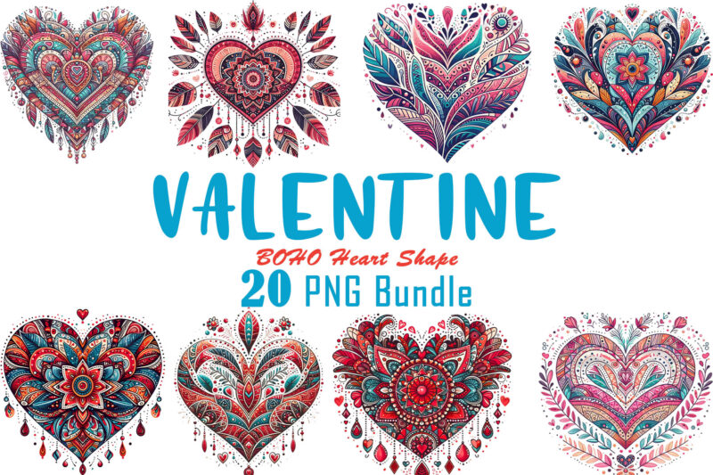 Vintage Boho Heart Illustration T-shirt Clipart Bundle