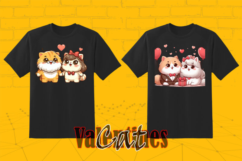 Valentines day Cute Cat Couple Illustration T-shirt Clipart Bundle