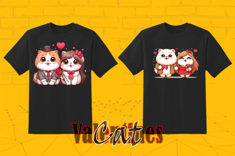 Valentines day Cute Cat Couple Illustration T-shirt Clipart Bundle