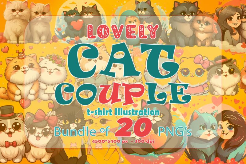 Cute Cat Couple Illustration T-shirt Clipart
