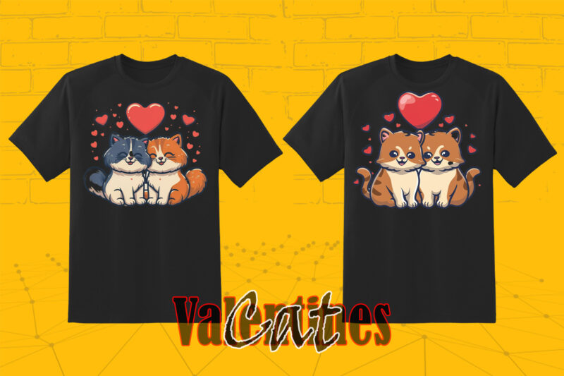 Valentines Day Loving Cat Couple Illustration T-shirt Clipart Bundle