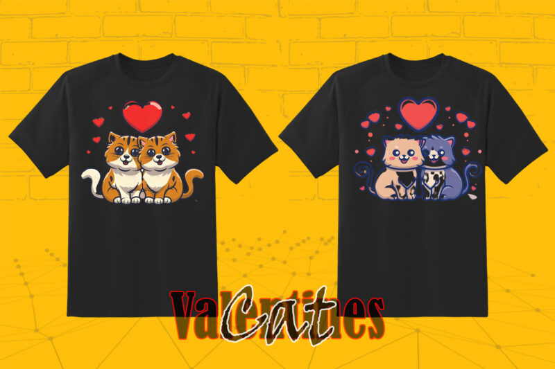 Valentines Day Loving Cat Couple Illustration T-shirt Clipart Bundle