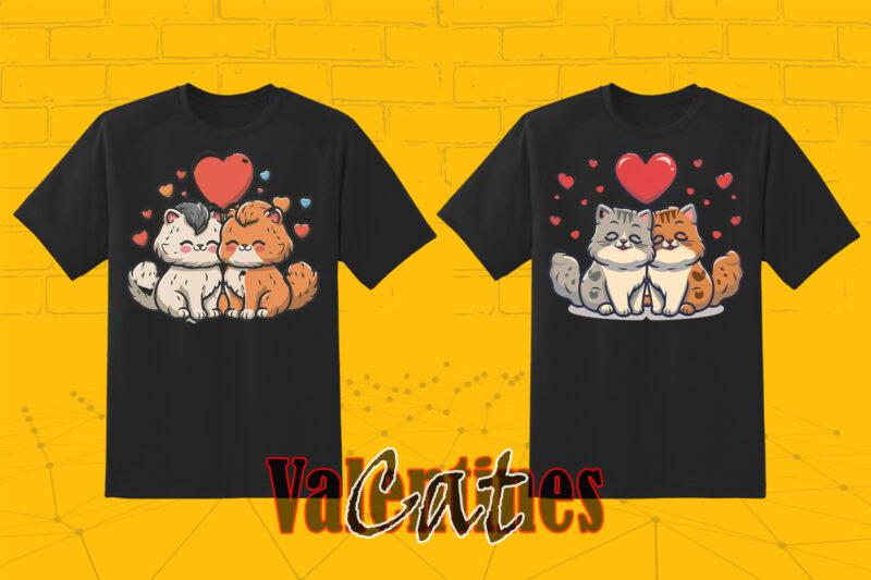 Valentines Day Loving Cat Couple Illustration T-shirt Clipart Bundle