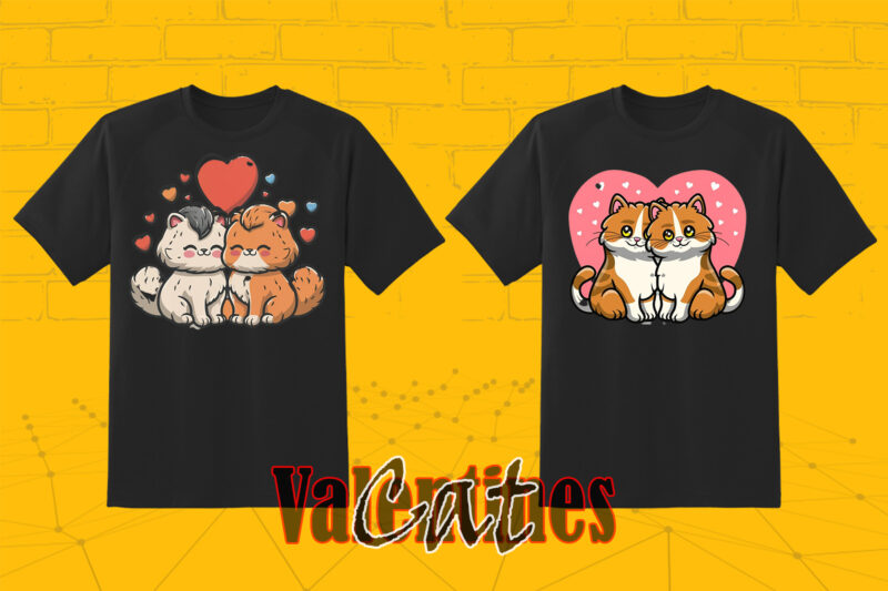 Valentines Day Loving Cat Couple Illustration T-shirt Clipart Bundle