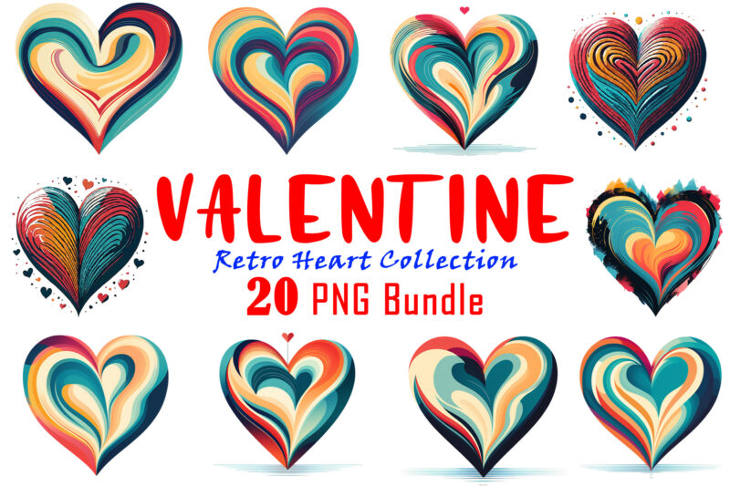 Fantasy Valentine Abstract Retro Vintage Heart Illustration T-Shirt Design Inspiration Bundle