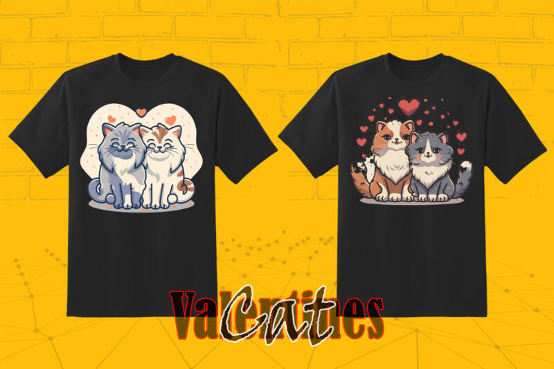 Passion Valentines Day Loving Cat Couple Illustration T-shirt Clipart Set