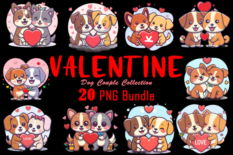 Love for Valentines Day Dog Couple Cartoon Character Illustration Bundle