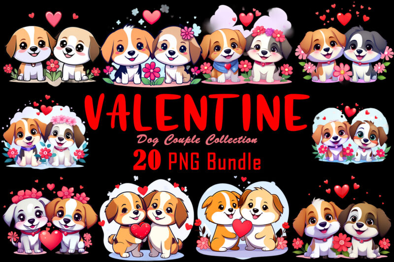 20 Valentines Day Dog Couple Cartoon Character Illustration T-shirt Clipart Bundle