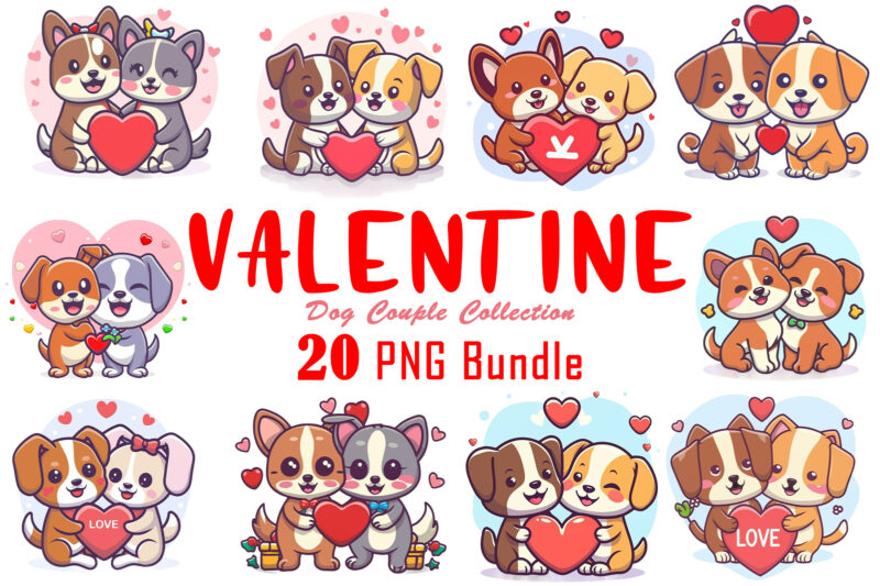 Love for Valentines Day Dog Couple Cartoon Character Illustration Bundle