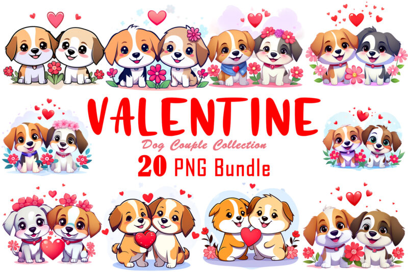 20 Valentines Day Dog Couple Cartoon Character Illustration T-shirt Clipart Bundle