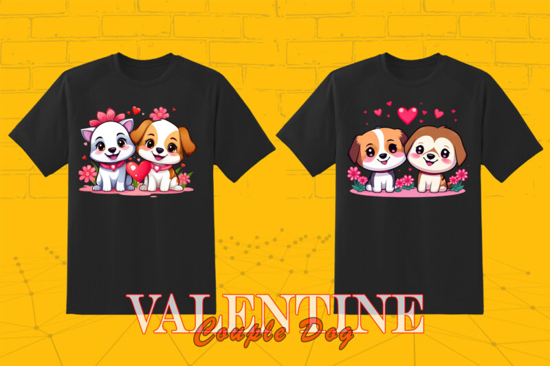 20 Valentines Day Dog Couple Cartoon Character Illustration T-shirt Clipart Bundle