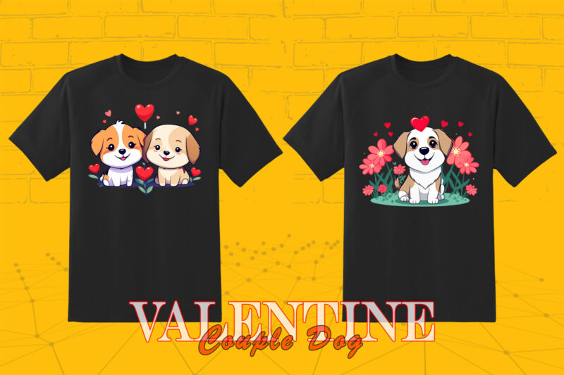 Valentines Day Dog Couple Cartoon Character Illustration T-shirt Clipart Bundle for Trendy T-Shirt Designs