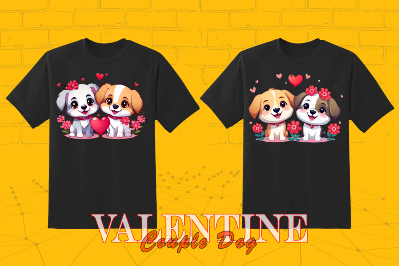 20 Valentines Day Dog Couple Cartoon Character Illustration T-shirt Clipart Bundle