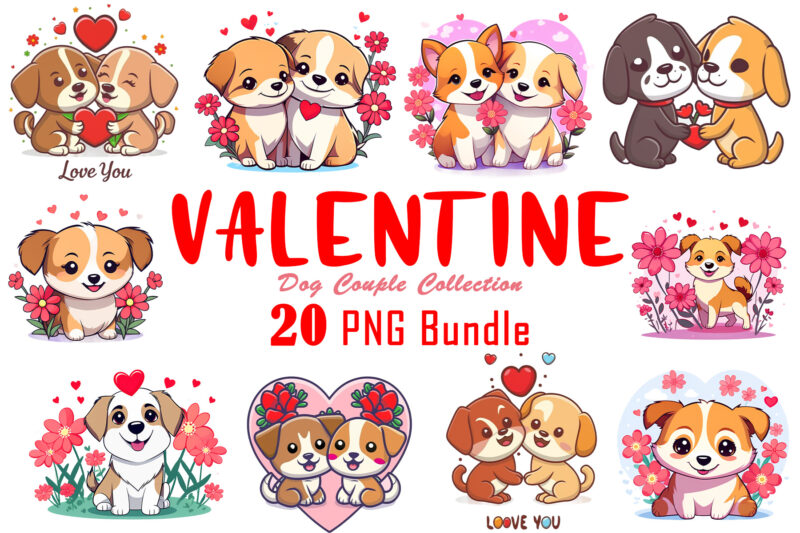 Valentines Day Dog Couple Cartoon Character Illustration T-shirt Clipart Bundle for Trendy T-Shirt Designs